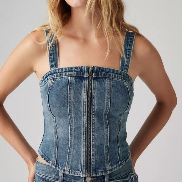 NWT $69.50 Levi's Denim Sculpted Bustier Tank Top Zipper Elastic Back Women Sz S - Picture 1 of 13